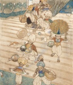 Oriental Servants Running And Falling Down Stairs