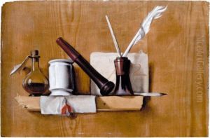 Attributed To Heyman Dullaert - A Trompe L'oeil With Plumes by Heyman Dullaert