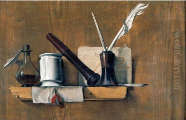 A Trompe L'oeil With Plumes In An Ink Bottle, A Letter, A Seal Stamp, A Delft Pot And A Bottle, Arranged Upon A Wooden Shelf - view 1