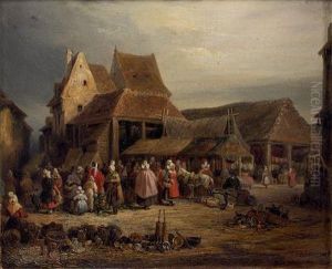 Scene De Marche Sur Une Place De Village by Edme Dumee