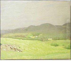 Oil Oncanvas, Impressionistic Depiction A Valley Of Grasses In Theforeground With A Small Pile Of Rocks And Wood At Left, Severalsmall Barns Amongst Fur Trees In The Middle Distance And Rollinghills Below A Mostly Overcast Sky, Unframed, 25" X 30 1/4"