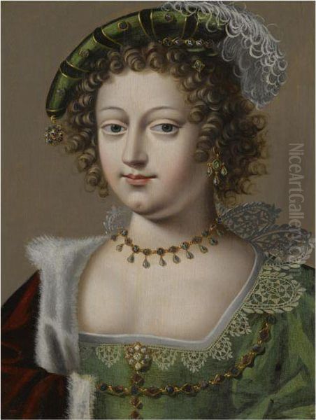 Portrait Of A Young Lady In A Green Dress, A Red Fur-trimmed Cape And A Green Hat With A Feather - view 1