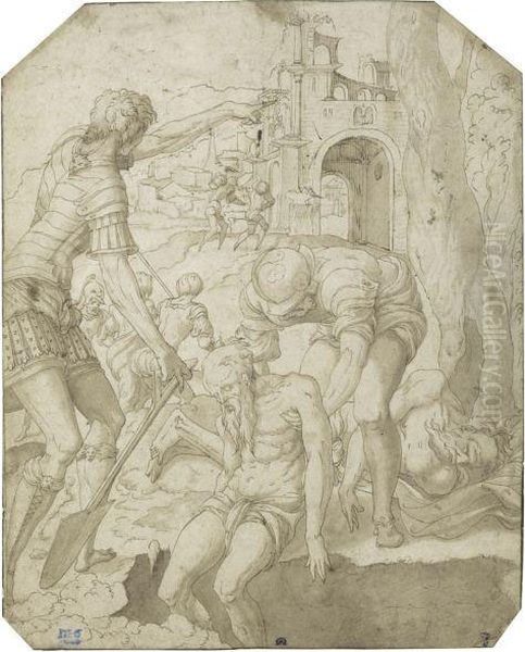 Soldiers Burying Two Dead Men, In The Background A Landscape Withancient Buildings - view 1