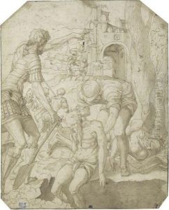 Soldiers Burying Two Dead Men, In The Background A Landscape Withancient Buildings Soldiers Burying Two Dead Men, In The Background A Landscape Withancient Buildings