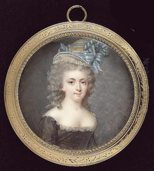 A Young Lady, With Powdered Hair, Wearing Decollete Brown Dress With White Lace Trim And Yellow Bonnet Dressed With Blue And White Striped Ribbon - view 1