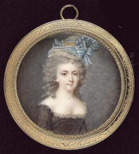 A Young Lady, With Powdered Hair, Wearing Decollete Brown Dress With White Lace Trim And Yellow Bonnet Dressed With Blue And White Striped Ribbon