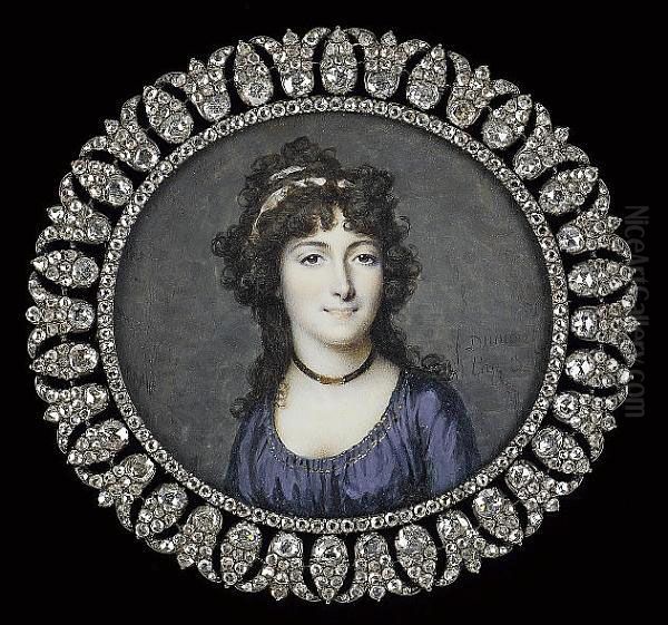 A Lady, Wearing Dark Blue Dress With Gold Trim, Black Ribbon Necklace With Gold Clasp And White Ribbon In Her Dark Curled Hair - view 1