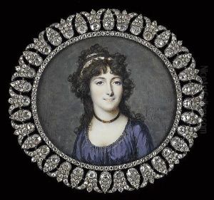 A Lady, Wearing Dark Blue Dress With Gold Trim, Black Ribbon Necklace With Gold Clasp And White Ribbon In Her Dark Curled Hair by Francois I Dumont