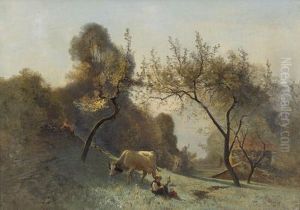Sommerliche Wiese Mit Kuh Und Knabe by Jacques Dunant