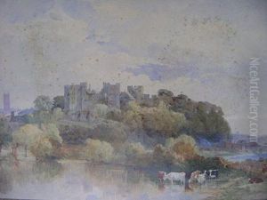 Ludlow Castle, Trees With Cattle Watering To The Foreground by Edward R.W.S Duncan