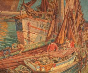 Breton Fishing Boats Drying Sails In Newlyn Harbour by John Mckirdy Duncan