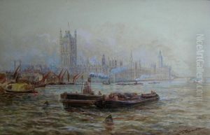 Barges On The Thames With The Houses Of Parliament by Walter Duncan