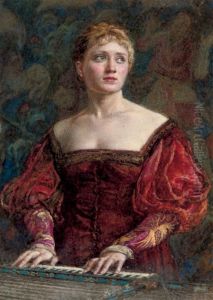 Young Lady In Renaissance-style Dress At A Harpsichord