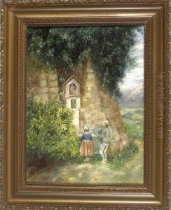Madchen Und Junge Vor Einem Bildstock by Max Dungert