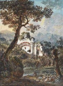 A Landscape With Ruins And A Pond by Balthasar Anton Dunker