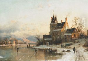 Villagers Skating On A Frozen Pond by Johannes-Bertholomaus Dutntze