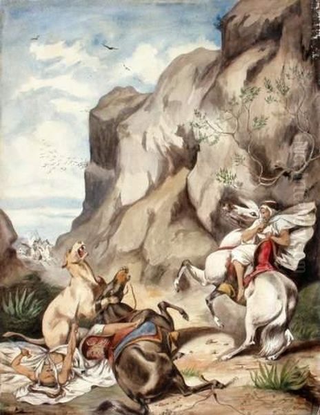 Cavaliers Arabes Attaques Par Un Felin - view 1