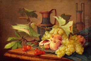 Nature-morte Sur Un Entablement Aux Peches, Cerises, Grappes De Raisins Et Urnes Grecques by A. Dupont