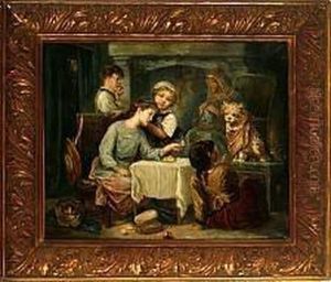 An Interior, Children Are Playing Tea Party With A Dog