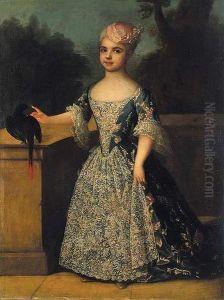 Retrato De Nina, De Cuerpo Entero, Ricamente Vestida En Una Terrraza Con Un Pajaro