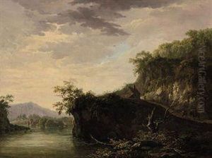 A Mountainous River Landscape With Figures On A Track