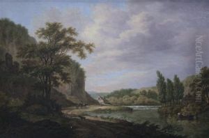River Landscape With Figures In A Boat And A Weir
