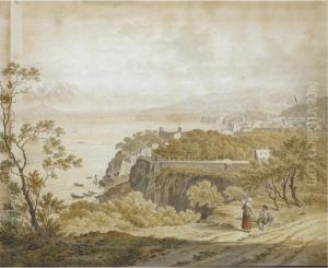 A View Of Sorrento, With Vesuvius Across The Bay And Two Travellers Resting In The Foreground by Daniel Dupre