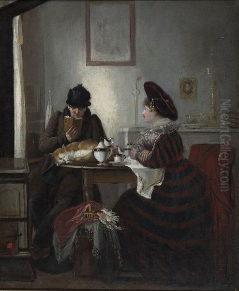 Couple At Teatime With Sleeping Cat - view 1