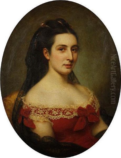 Portrait Of A Lady, Bust Length, In A Red Dress With Lace Trim - view 1