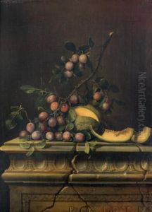 Nature Morte Aux Prunes Et Melon Sur Unentablement De Marbre