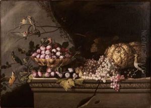 Natura Morta Di Frutta Con Susine In Un'alzata Metallica, Fichi, Uva, Zucche E Volatili by Pierre Dupuis