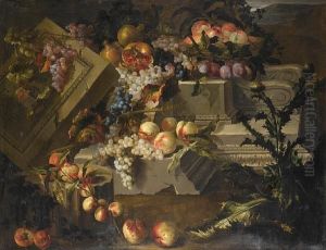 Peaches, Grapes, Plums And Pomegranates On Astone Plinth And A Carved Stone Tablet With Apples And Peaches In Alandscape by Pierre Dupuis