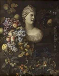 Allegorie De L'automne Avec Un Buste De Femme Entoure De Raisins, Poires, Prunes Et Chataignes by Pierre Dupuis