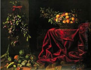 Nature Morte De Fruits Avec Un Panier De Peches, Prunes Et Amandes Fraiches Sur Un Entablement Recouvert D'un Velours Rouge Et Branche De Prune