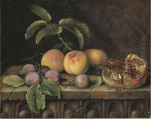 Peches, Prunes Et Grenade Sur Un Entablement En Pierre by Pierre Dupuis