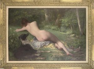 Femme Nu Etendue Dans Un Paysage Avec Un Chien by A. Dupuy