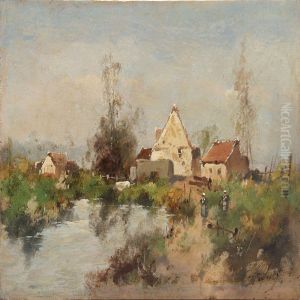 View Of A Village Withwhite Houses At A Stream by Louis Dupuy