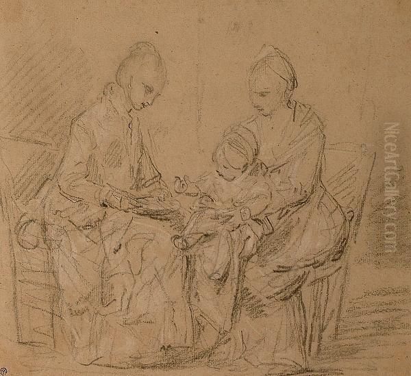 Two Ladies Seated, Playing With A Young Child. - view 1