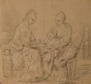 Two Ladies Seated, Playing With A Young Child. by Louis Jean-Jacques Durameau