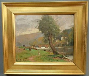 French Landscape Painting Of A Bridge Over A Stream Signed French Landscape Painting Of A Bridge Over A Stream Signed