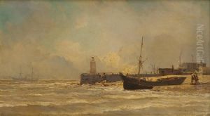 Barque Echouee Sur Fond De Phare by Jean Baptiste Henri Durand-Brager