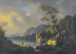 Seelandschaft Mit Fischern Und Einer Wasserburg.