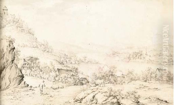 An Extensive Landscape With A Shepherd And His Flock In Theforeground - view 1