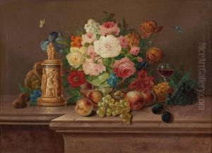 Stillleben Mit Blumen Und Obst Sowie Elfenbeinkrug Und Weinglas by Josef Julius Durst