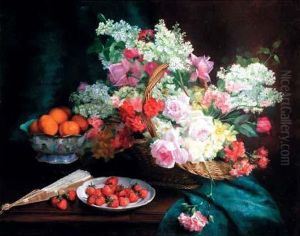 "panier De Fleurs, Fruits Et Eventail".