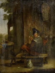 A Figure Seated Before A House, Smoking by Cornelis Dusart