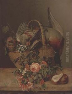 A Duck, Patridges And Other Flowers With Pears On A Wooden Ledge by J Dussaert
