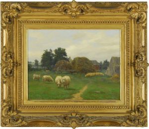 Farmyard Scene With Grazing Sheep by Silas Dustin