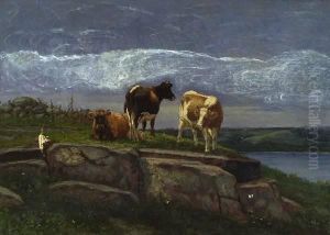 Three Cows Grazing On A Rocky Hillside Near A Lake by Silas Dustin
