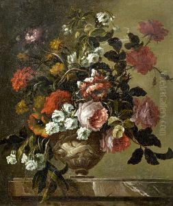 Roses, Chrysanthemums, Poppies And Other Flowers In A Stone Urn On A Marble Ledge by Jacques-Charles Dutillieu